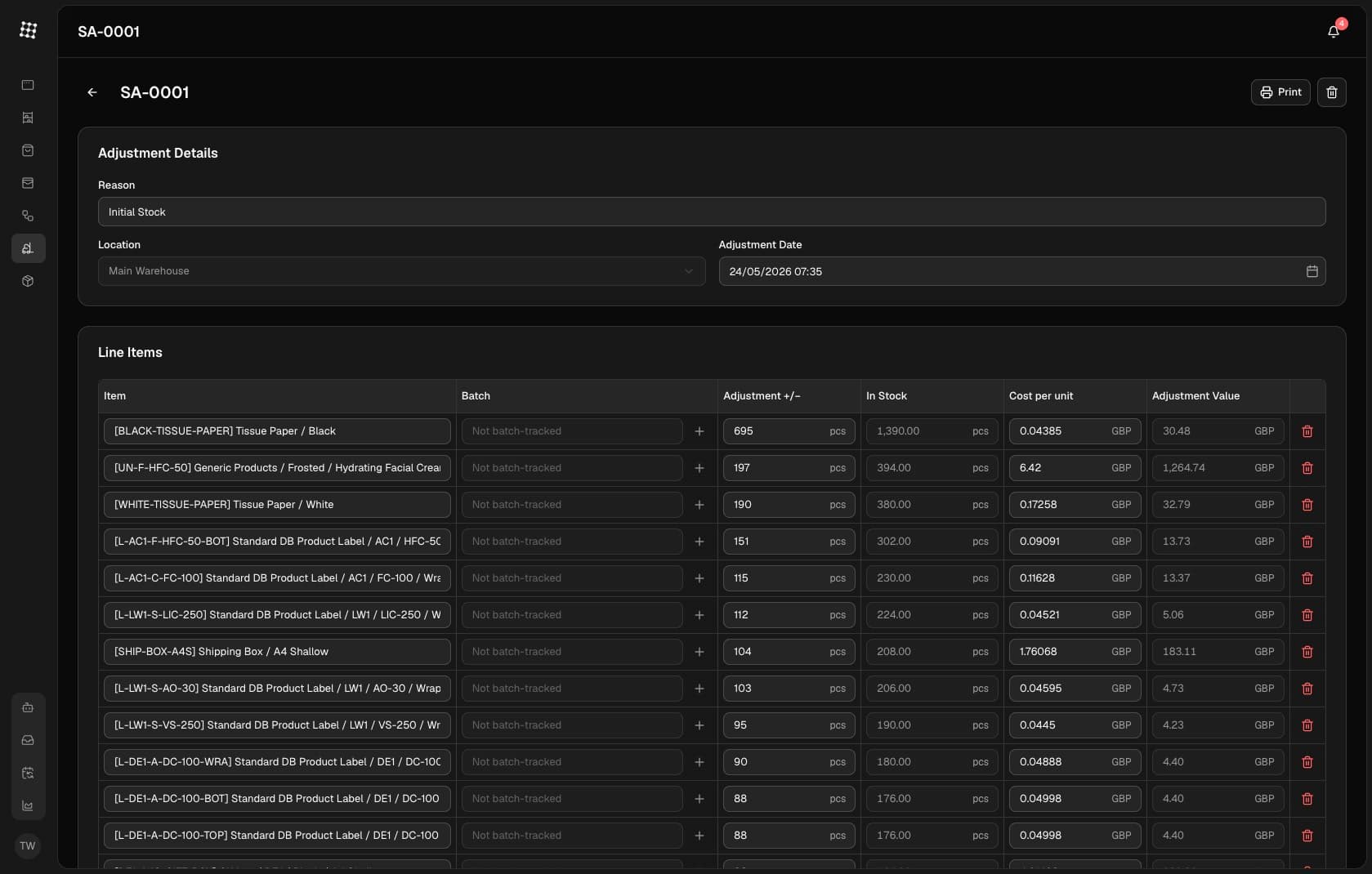 Stock control UI preview